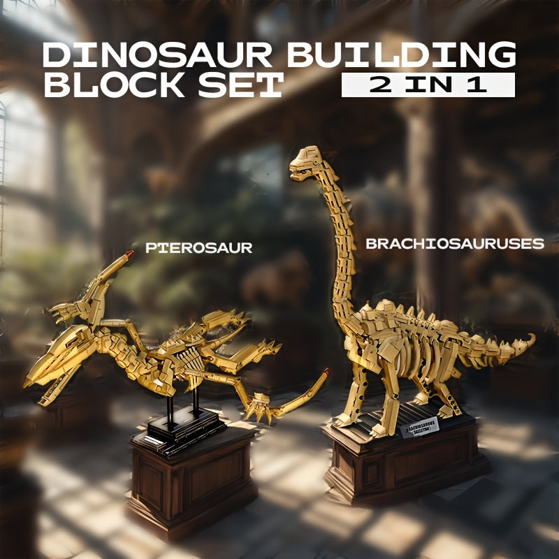 1001pcs 2in1 Jurassic Dinosaur Park Building Block Set, Dinosaur World Educational Toys, Pterodactyl and Brachiosaurus Fossil Ornament Models for Collections, Easter and Holiday Gifts