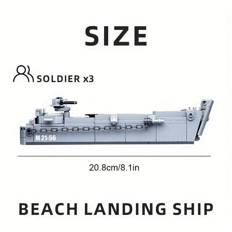 American Military Amphibious Landing Ship Building Block Toy Set, Normandy Amphibious Transport Ship Assembly Model with Three Soldiers, Educational Toy for Kids, Classic Movie and TV Series Boat, Military Enthusiast Christmas Gift