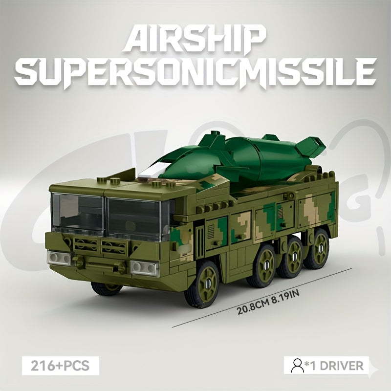 Supersonic Missile Launch Vehicle Building Block Toy Set - Military Heavy Truck Model with Elevatable Missiles, Soldier Figure & 216+pcs Construction Kit, Stem Educational Toy For Kids, Collectible Display For Military Enthusiasts, Christmas Gift