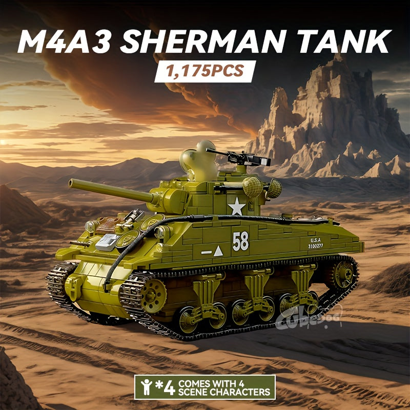 M4A3 Sherman Tank Building Blocks Set, Classic American Heavy Armored Vehicle Toy with Four Soldier Models and Weapons, Movie and Military Enthusiast Holiday Gift, 1100+pcs, ABS Material,Detailed Model, Building Blocks Toys