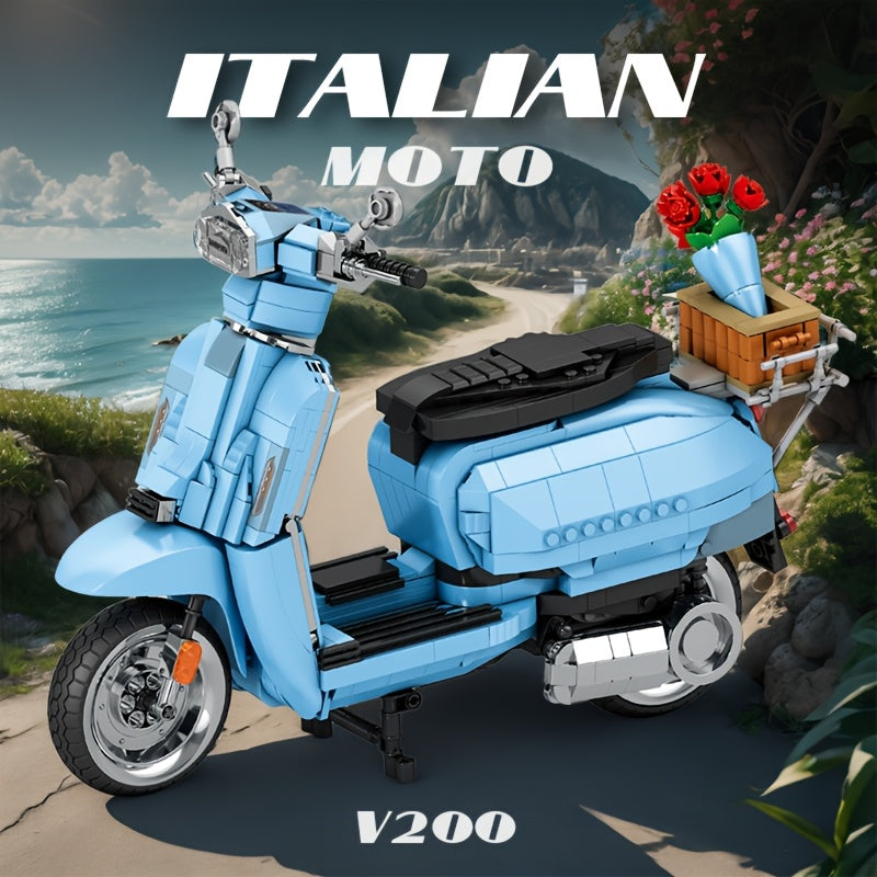 1169pcs Blue V200 Classic Italian Motorcycle Building Blocks, Easter Traveling Motorcycle Model Toys, Perfect Holiday Gift for Motorcycle Lovers, Suitable for Collecting, Gift Giving