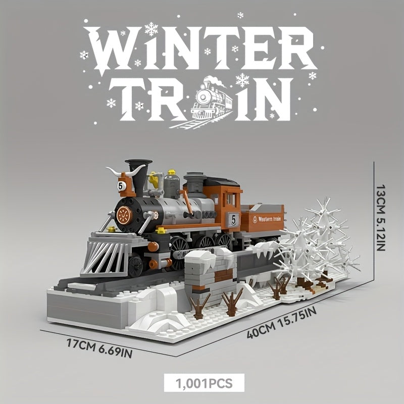 1001pcs Large Vintage Snow Steam Train Building Block Set with 40cm Model Train & Track - Collectible Display for Adult Train Enthusiasts