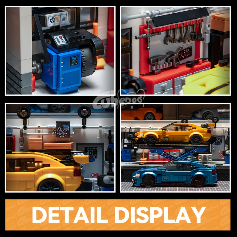 Car Repair Shop Street Scene Building Set, Sports Car Garage Building Miniature Landscape Model Toy, Car Repair Shop Compatible with 1:32 8-Bricks Car Models, Car Fans Christmas Gift, 1001pcs