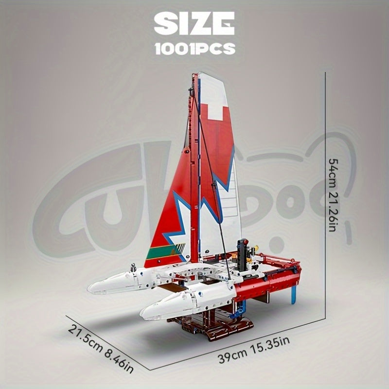 1001pcs Modern Catamaran Building Block Set, Boat Mechanical Linkage Design Model, Adult Sailing Enthusiast Collection Figurine, Holiday Gift and Birthday Present