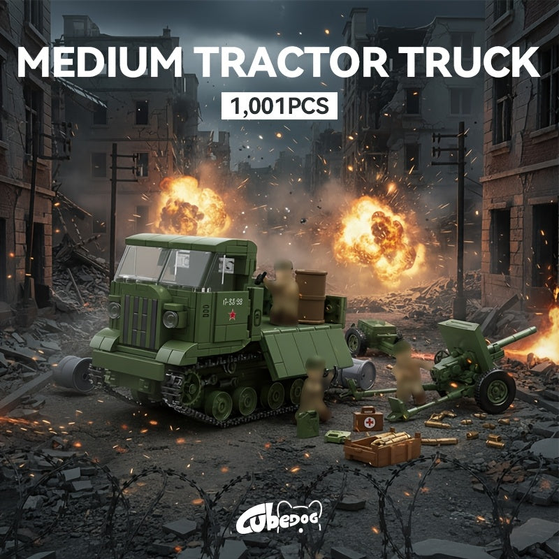 Military Medium Tracked Tractor and Anti-Tank Gun Building Block Set, Military Series Military Truck, Armored Vehicle, Ammunition Transport Vehicle, and Artillery Model Toy, Includes 3 Soldiers, Christmas Halloween Birthday Gift for Military