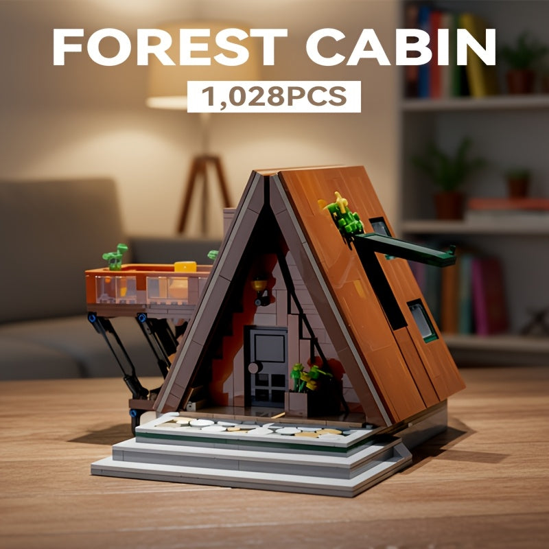 1028pcs Forest Cabin Building Block Model Set, Outdoor A-Type Hunter'S Hut Treehouse Street Scene Assembly Toy, Adult Home Decor Collectible, Christmas Gift, Building Block Set, House Construction Block, Log House Kit, Log Cabin Building Block