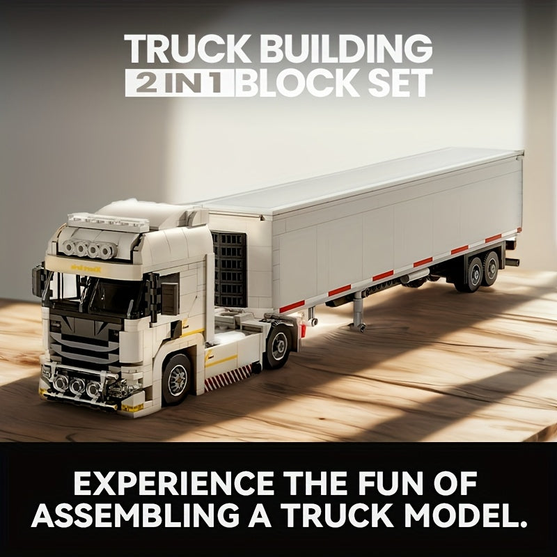 1002pcs 2in1 European truck building block set toys, trucks can be connected to containers, free combination models, suitable for truck enthusiasts to collect, can be used as holiday gifts