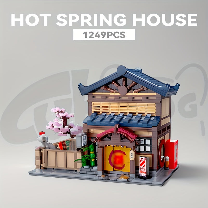 1249pcs Japanese Onsen Resort Building Blocks Set with Quick-Release Mechanism, Traditional Tatami Rooms & Realistic Hot Spring Interior - Cherry Blossom Landscape Model Kit for Adults & Teens, Japanese Architecture Series Collectible Gift