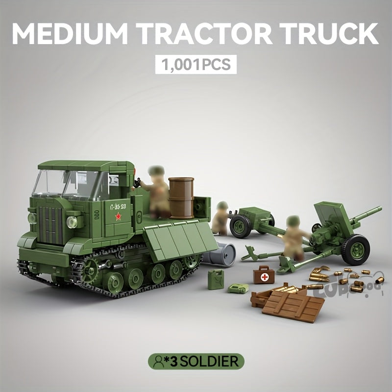 Military Medium Tracked Tractor and Anti-Tank Gun Building Block Set, Military Series Military Truck, Armored Vehicle, Ammunition Transport Vehicle, and Artillery Model Toy, Includes 3 Soldiers, Christmas Halloween Birthday Gift for Military