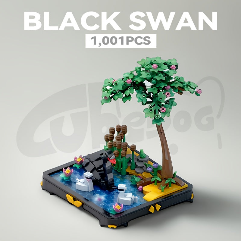 Swan Pond Miniature Landscape Building Block Set, Black Swan Magic Lake Artificial Plant Flower Outdoor Scene Model Toy Ornament, Classic Animation Fan Halloween Gift, 1001+pcs