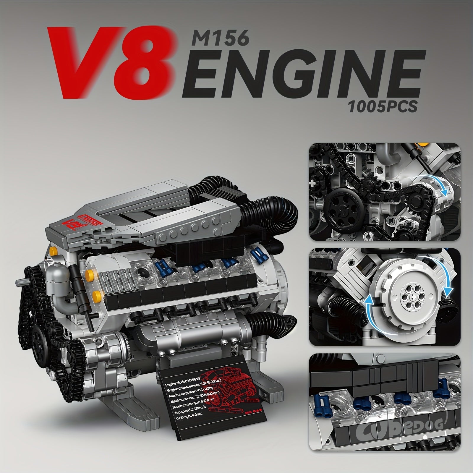 1005pcs V8 Engine Building Set - M156 V8 Car Engine Model Kit with Pistons, Turbo/Supercharger Compatible-Like (Not Included), Realistic 8-Cylinder Assembly Toy for Adults &, STEM Gift for Car Enthusiasts & Collect