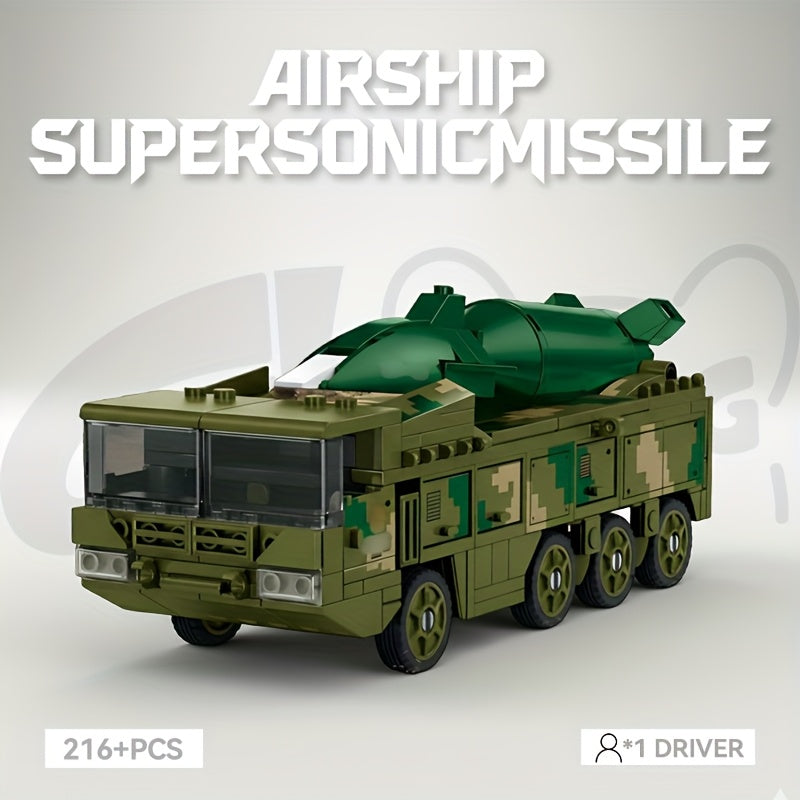 Supersonic Missile Launch Vehicle Building Block Toy Set - Military Heavy Truck Model with Elevatable Missiles, Soldier Figure & 216+pcs Construction Kit, Stem Educational Toy For Kids, Collectible Display For Military Enthusiasts, Christmas Gift
