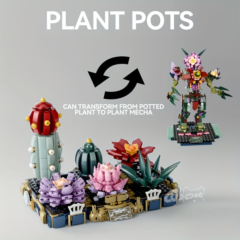 1001pcs Transformable Potted Plant Mecha Building Block Set - Creative Assembly Model Toy with Vibrant Colors, Detailed Design, Ideal for Office & Home Decor, Holiday Gift For Christmas & Halloween, Plant Decorations, Best For Christmas