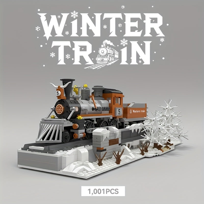 1001pcs Large Vintage Snow Steam Train Building Block Set with 40cm Model Train & Track - Collectible Display for Adult Train Enthusiasts