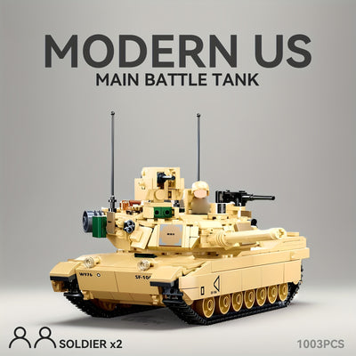 Modern US Main Battle Tank Building Blocks Toy, Classic Armored Vehicle Desert Military Model with Rotatable Turret Design, Includes Two Soldiers Figures, Military Enthusiast Christmas Gift, 1001+pcs, Building Block Military, Tank Building Block