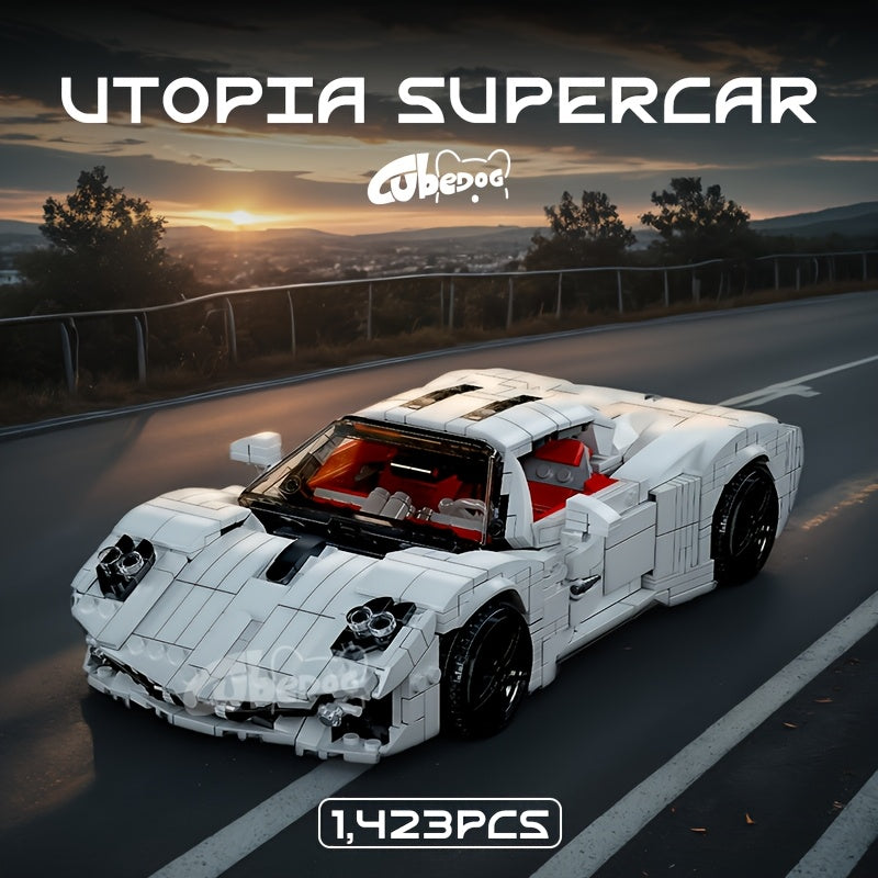 1423pcs White Utopia Super Sports Car Building Blocks Toy, Luxury Outdoor Vacation Car Model, Perfect collection ornaments for car enthusiasts, Ideal Birthday and Holiday Gift.