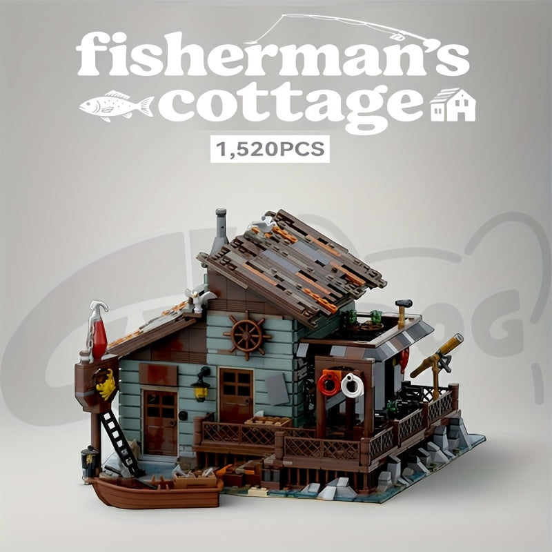 1520pcs MOC Fisherman's Hut Building Set with Interlocking Bricks, Miniature Fishing Boat & Nautical - Large-Scale Model Cabin for Adults &, Challenging Assembly, Display or Play, Christmas Gift (European