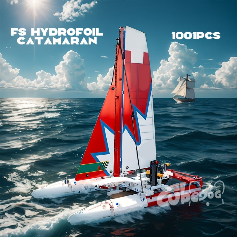 1001pcs Modern Catamaran Building Block Set, Boat Mechanical Linkage Design Model, Adult Sailing Enthusiast Collection Figurine, Holiday Gift and Birthday Present