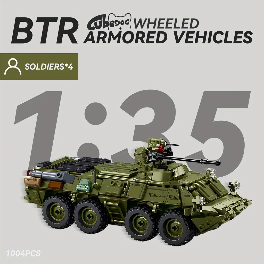 1004pcs BTR Wheeled Armored Vehicle Building Blocks Set, Military Series Armored Transport Vehicle Assembly Toy Model, Armored Vehicle Set Includes Four Soldier Members