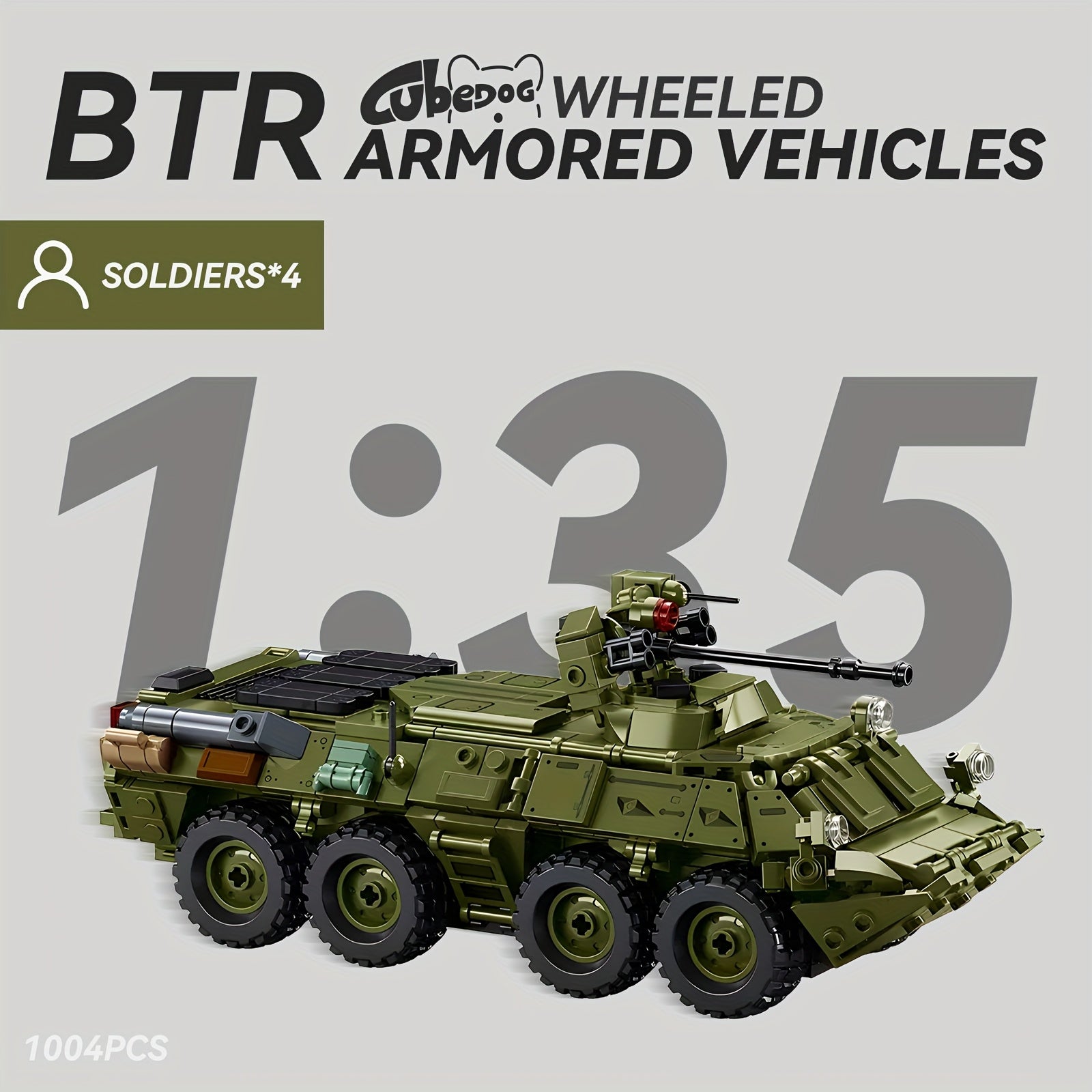 1004pcs BTR Wheeled Armored Vehicle Building Blocks Set, Military Series Armored Transport Vehicle Assembly Toy Model, Armored Vehicle Set Includes Four Soldier Members