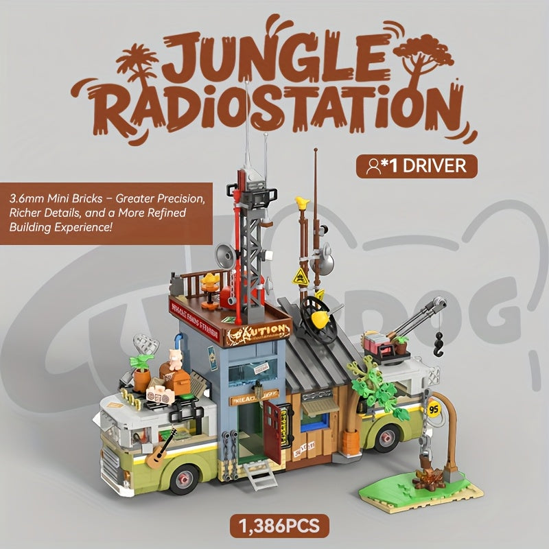 1386pcs Jungle Camping Broadcast Station RV Building Blocks Set with Dinosaur Forest Exploration Theme - 3.6mm Bricks, 1:1 Scale, Detailed Construction Kit, Desktop Ornament Home Decor