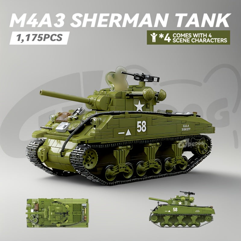 M4A3 Sherman Tank Building Blocks Set, Classic American Heavy Armored Vehicle Toy with Four Soldier Models and Weapons, Movie and Military Enthusiast Holiday Gift, 1100+pcs, ABS Material,Detailed Model, Building Blocks Toys