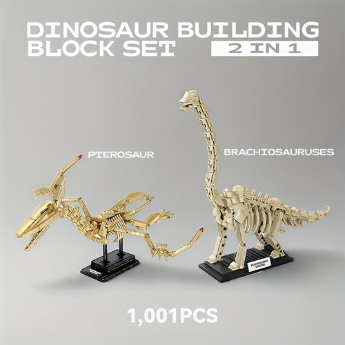 1001pcs 2in1 Jurassic Dinosaur Park Building Block Set, Dinosaur World Educational Toys, Pterodactyl and Brachiosaurus Fossil Ornament Models for Collections, Easter and Holiday Gifts