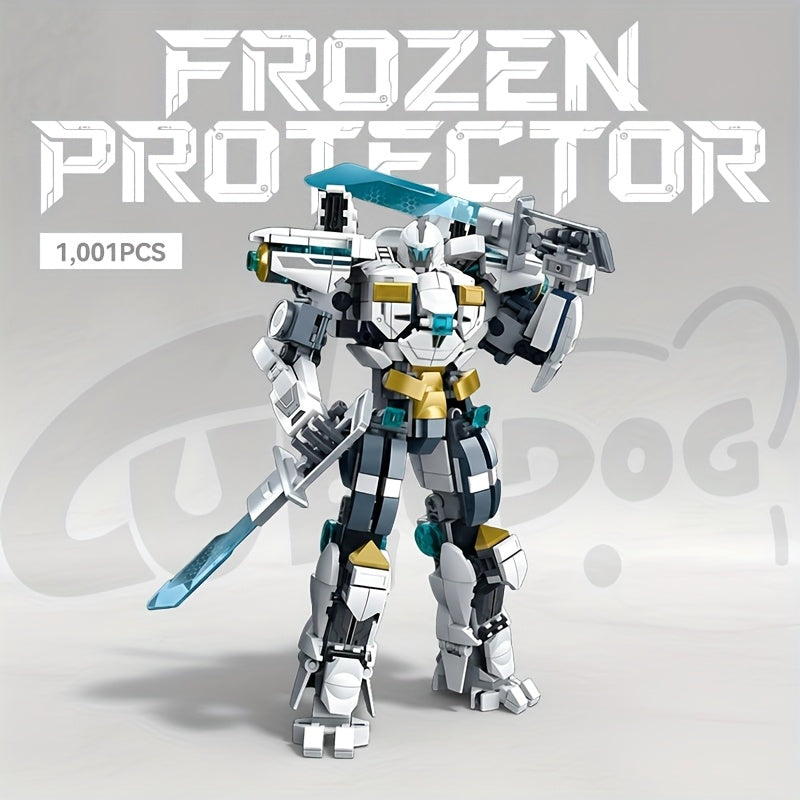1001pcs Frost Guardian Mecha Building Set - Large-Scale White & Blue Sci-Fi Robot Model Kit with Poseable Armored Figure, Missile Launcher & Sword-Like Weapon - Challenging Assembly for & s, Christmas/Halloween Gift