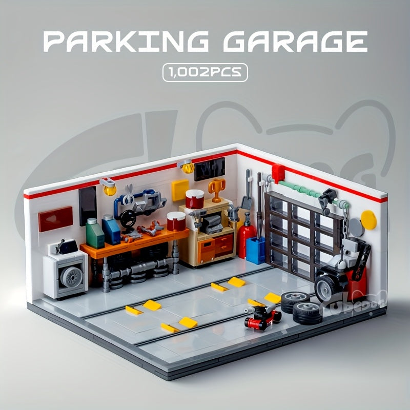 1002pcs Mini Sports Car Garage Building Blocks Set, MOC Scene can be matched with mini JDM 8-Bricks car model, DIY Car repair miniature toys, suitable for car enthusiasts collection, holiday gifts