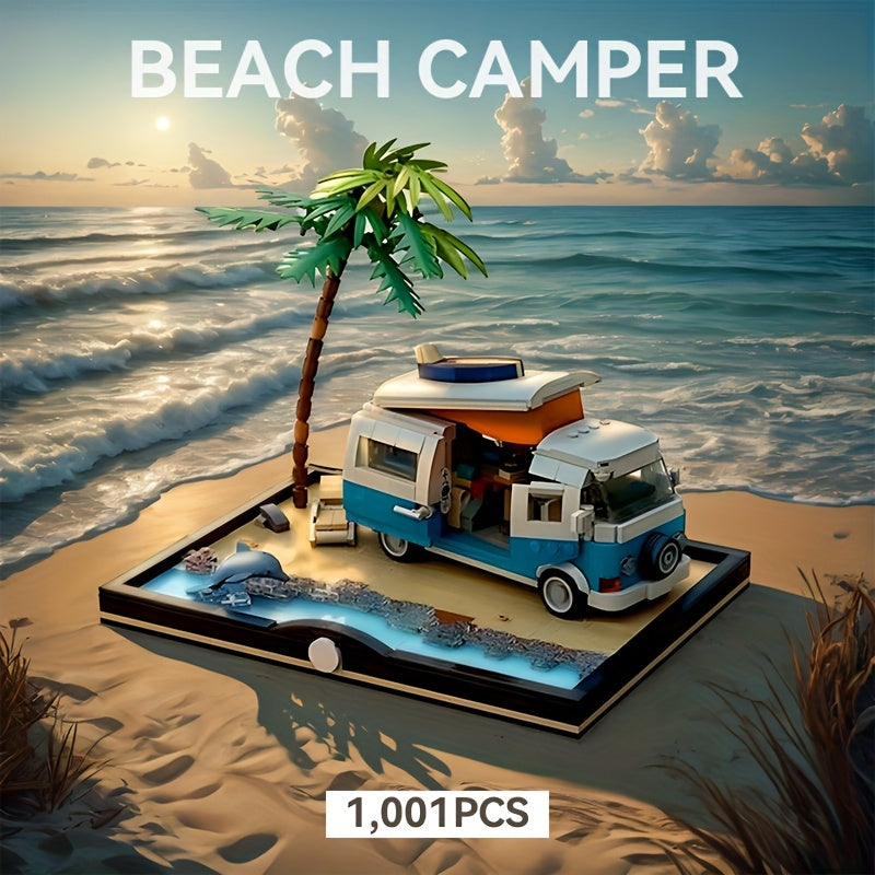Beach Camper Van Building Blocks Set, Holiday Travel Toy Miniature Landscape Model, Adult Seaside Scene Decor, 1001pcs