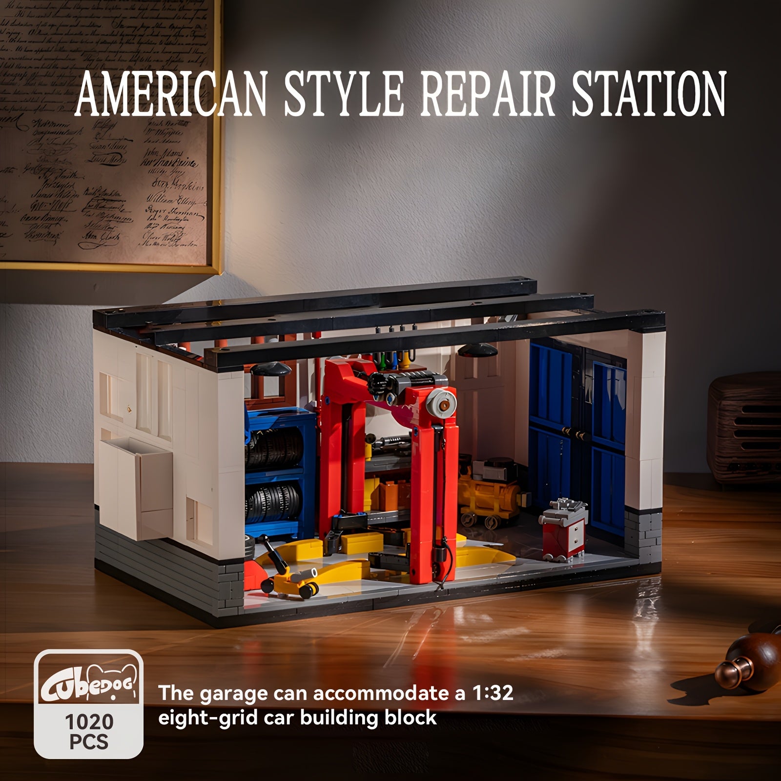MOC Car Modification Factory Miniature Scene Building Blocks Set, American Auto Repair Shop Eight Compartment Garage Construction Toy for 1:32 Car Eight Compartment Car Model, Car Lovers Christmas Gift, 1020pcs