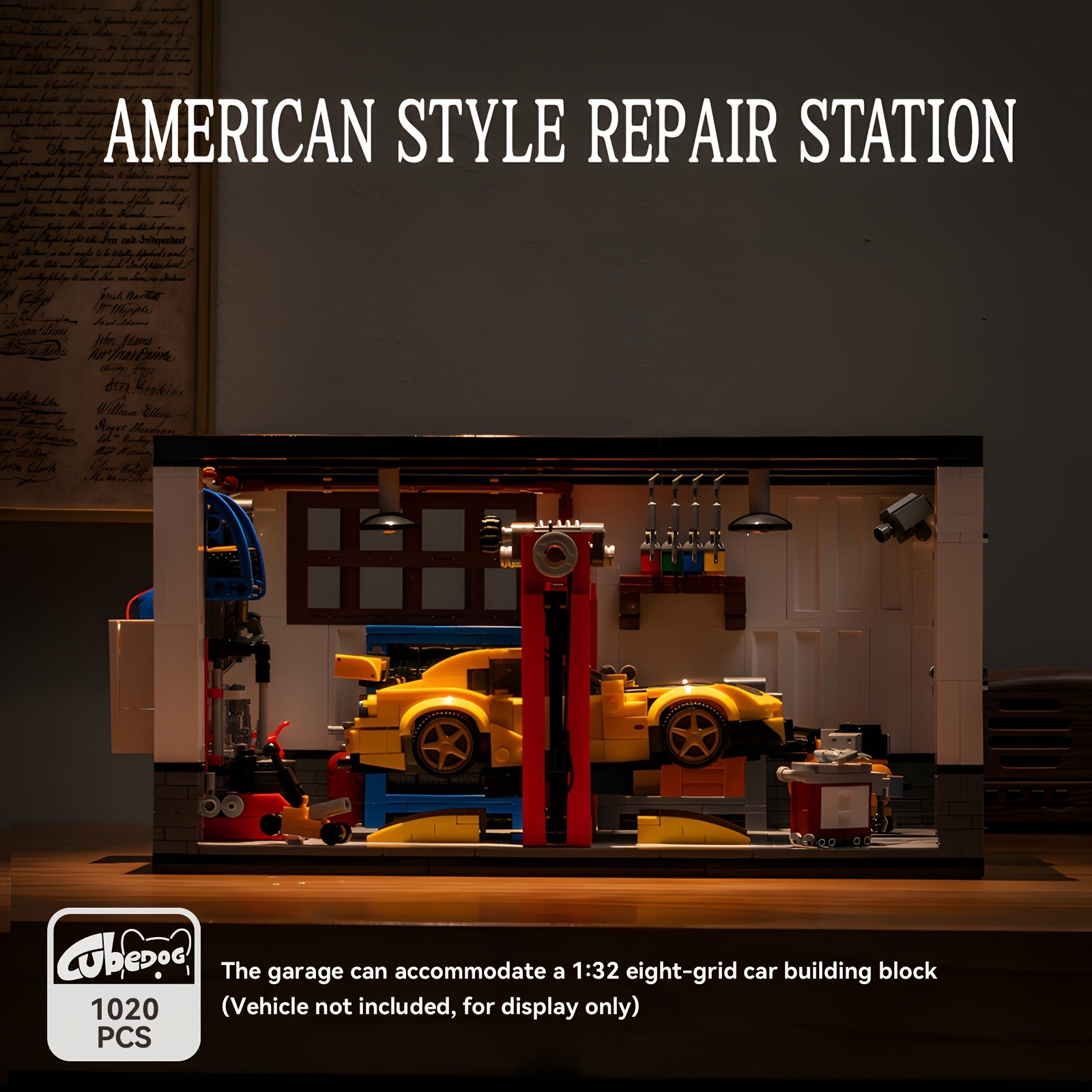 MOC Car Modification Factory Miniature Scene Building Blocks Set, American Auto Repair Shop Eight Compartment Garage Construction Toy for 1:32 Car Eight Compartment Car Model, Car Lovers Christmas Gift, 1020pcs