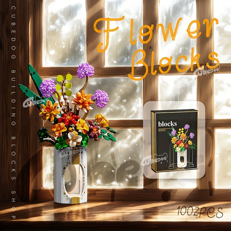 1002pcs Simulation Flower Bouquet Building Blocks Set, Eternal Flower Model, Flower Pot Plant Toy, Mother'S Day Bouquet Decoration Ornament, Suitable for Birthday Gifts, Christmas Valentine'S Day Gif