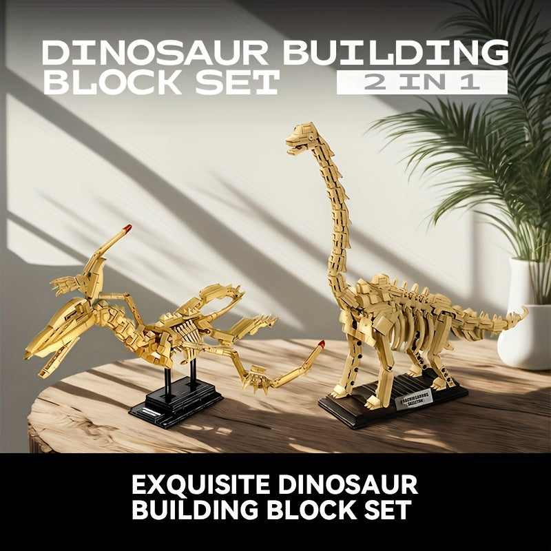 1001pcs 2in1 Jurassic Dinosaur Park Building Block Set, Dinosaur World Educational Toys, Pterodactyl and Brachiosaurus Fossil Ornament Models for Collections, Easter and Holiday Gifts