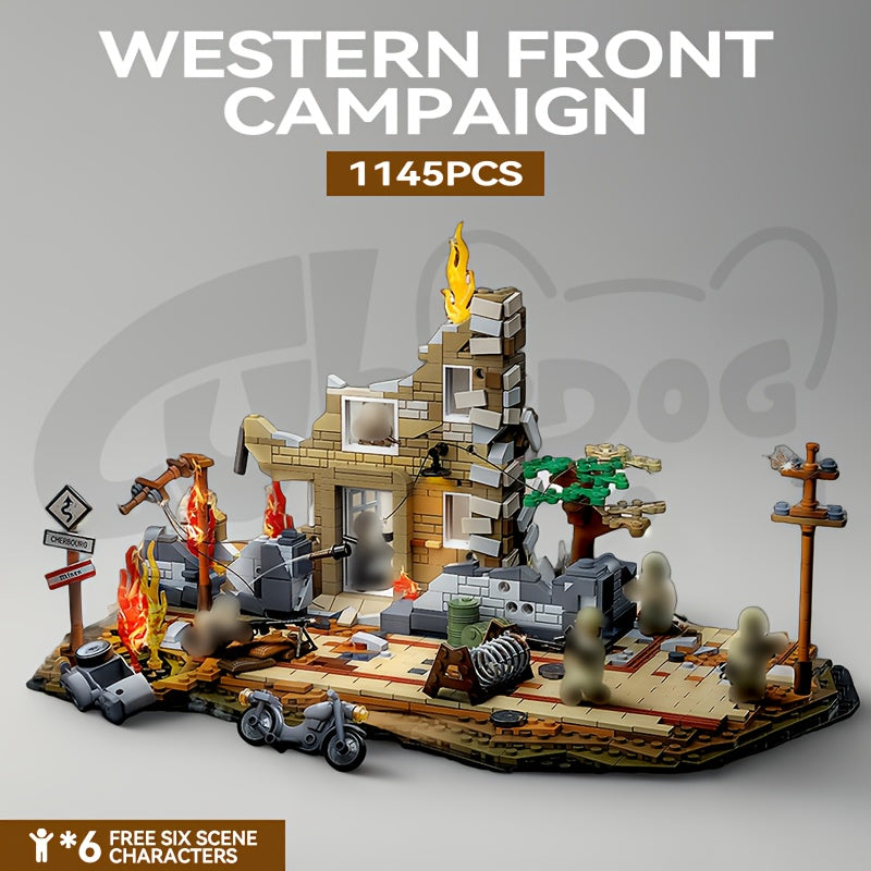Western Front Battle Ruins Scene Building Set, Historical Simulation Street Scene Toy, Includes Six Soldier and Equipment Models, Gift for Military History Enthusiasts, 1100+pcs