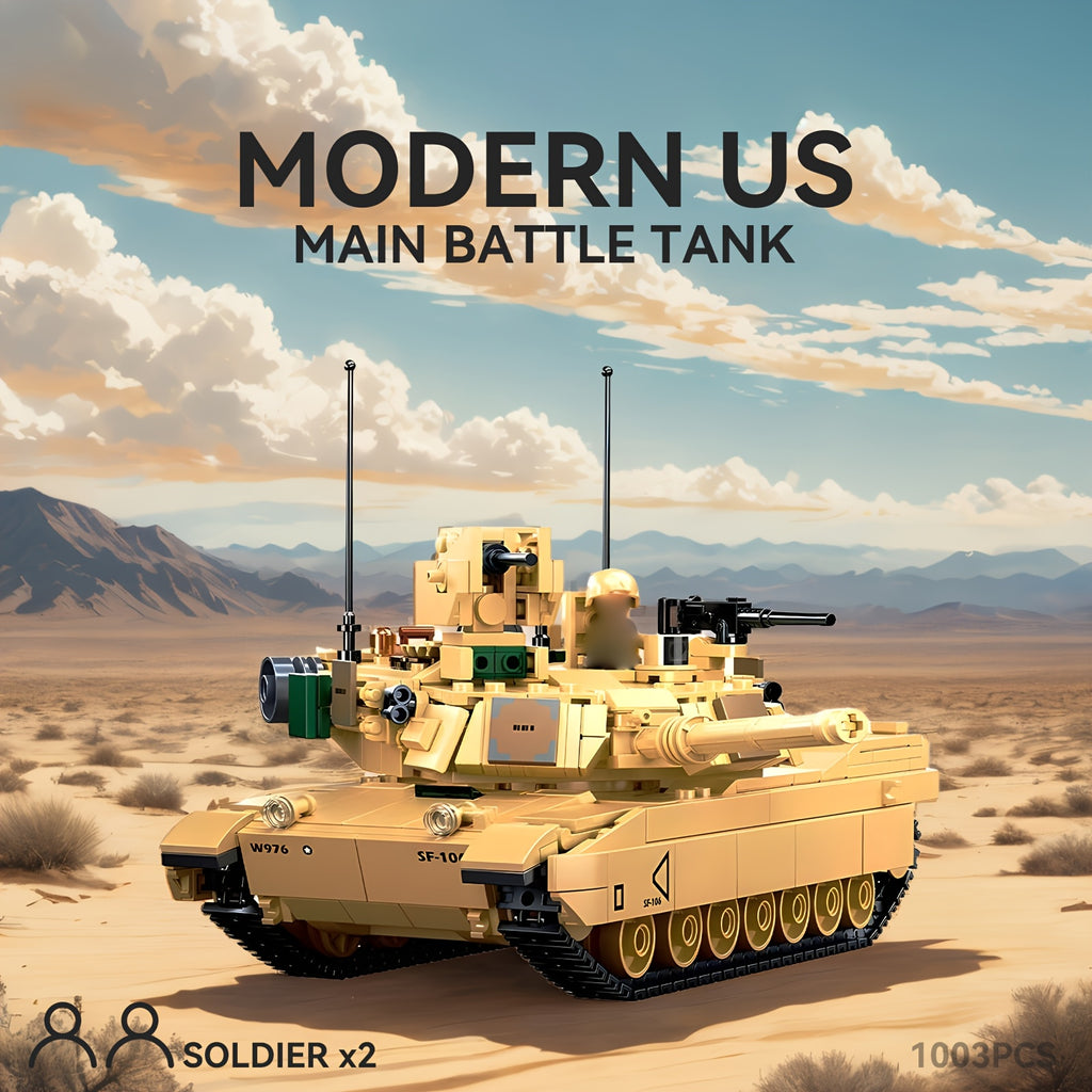Modern US Main Battle Tank Building Blocks Toy, Classic Armored Vehicle Desert Military Model with Rotatable Turret Design, Includes Two Soldiers Figures, Military Enthusiast Christmas Gift, 1001+pcs, Building Block Military, Tank Building Block