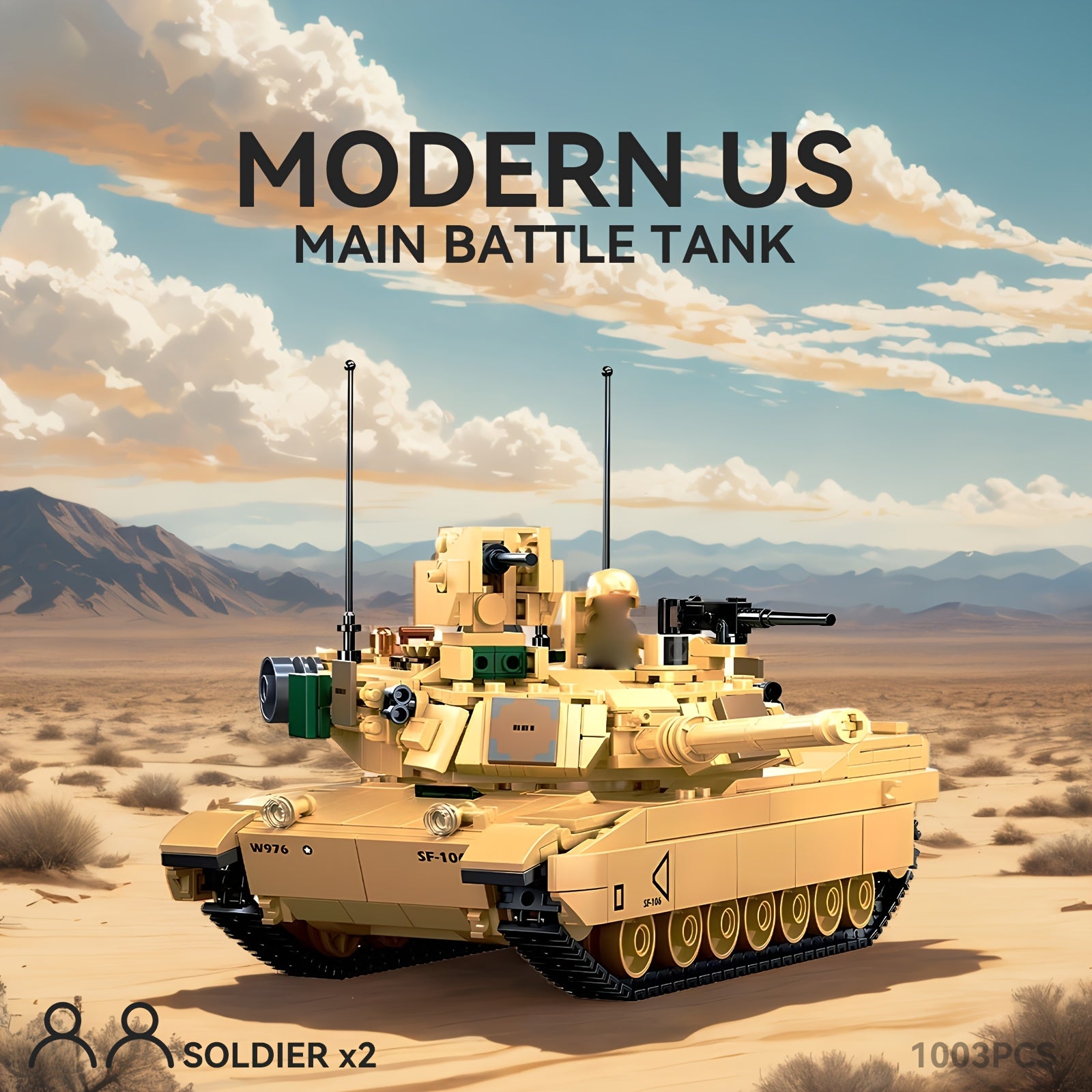Modern US Main Battle Tank Building Blocks Toy, Classic Armored Vehicle Desert Military Model with Rotatable Turret Design, Includes Two Soldiers Figures, Military Enthusiast Christmas Gift, 1001+pcs, Building Block Military, Tank Building Block