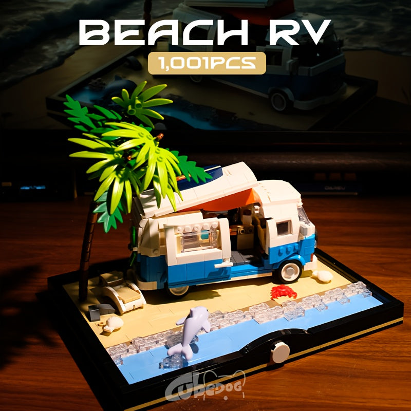Holiday Beach RV Street View Building Block Set, Island Camping Scene Architecture Christmas Travel Bus Car Model Toy, Multiple Opening And Closing Designs, Halloween Decoration Gift, 1001pcs