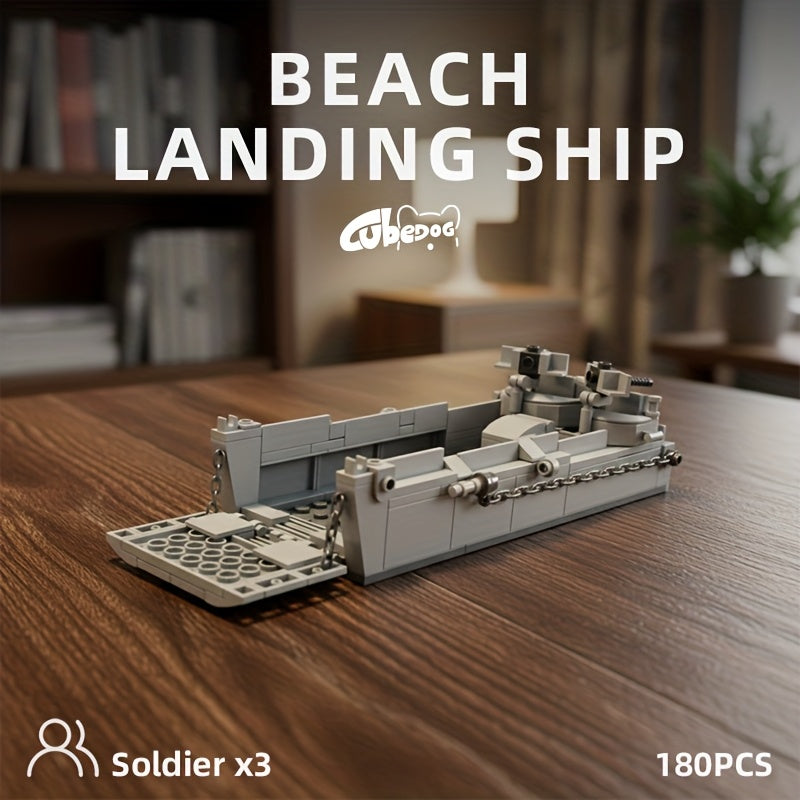 American Military Amphibious Landing Ship Building Block Toy Set, Normandy Amphibious Transport Ship Assembly Model with Three Soldiers, Educational Toy for Kids, Classic Movie and TV Series Boat, Military Enthusiast Christmas Gift