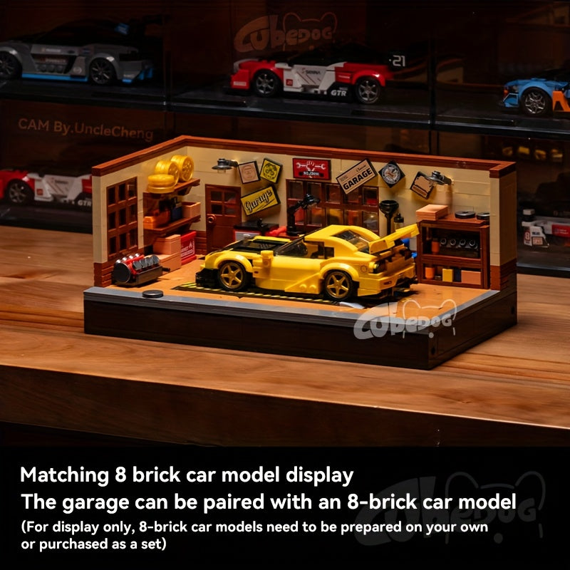 1001pcs Vintage Garage Building Block Set, Compatible with Mini Eight-Slot Car Models for MOC Scenes, DIY Miniature Car Repair Shop Toy, Perfect for Car Enthusiasts to Collect, Holiday Gift.