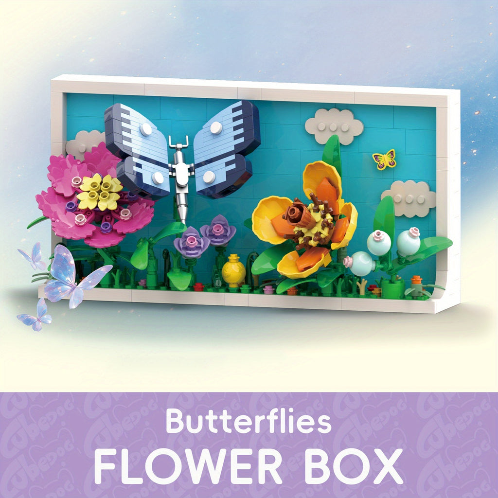 Butterfly Immortal Flower Box Building Block Set, Artificial Flower Pot Model Toy, Adult Home Three-Dimensional Decorative Painting Ornaments, Valentine'S Day Gift, 1001pcs