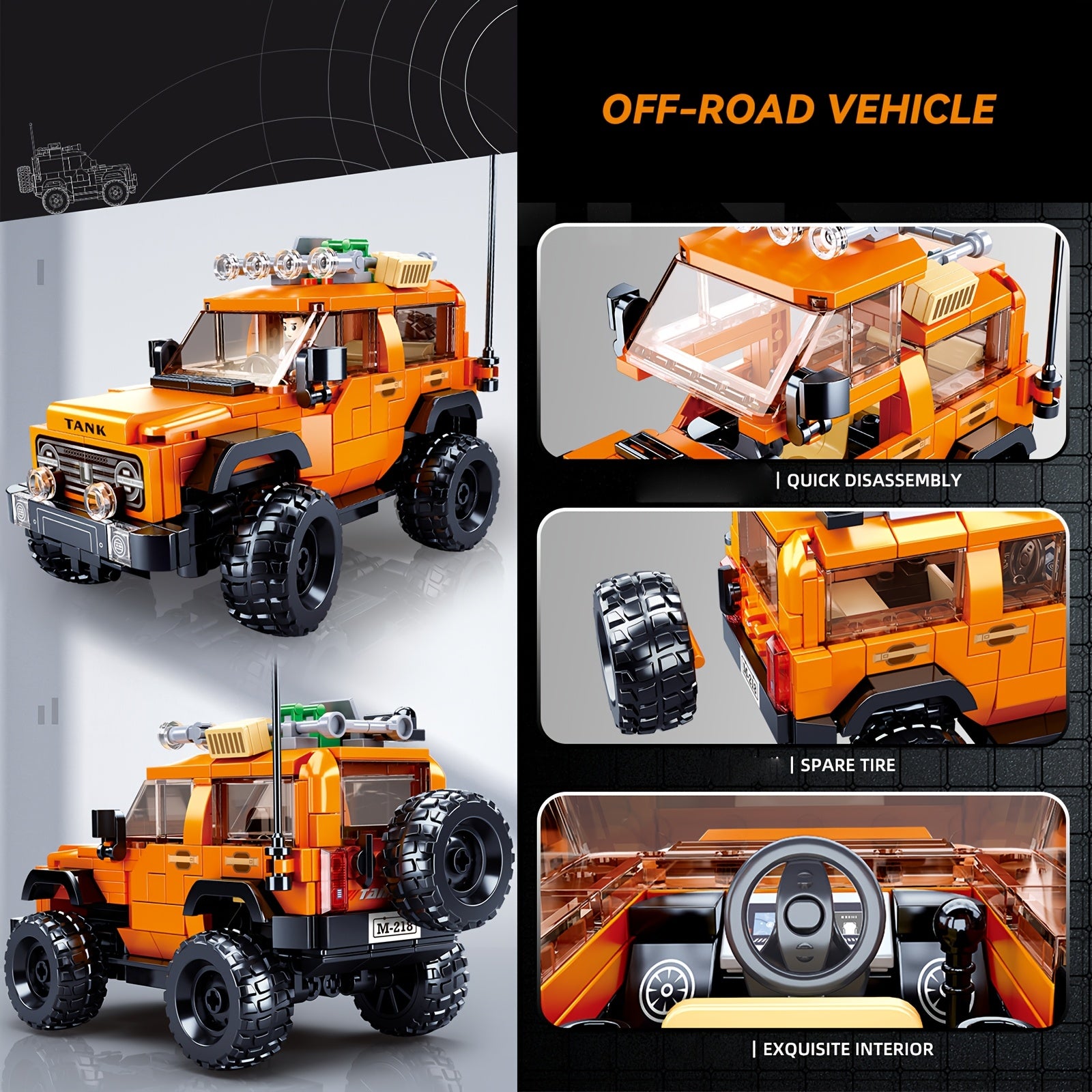 2in1 Jungle Off-Road Vehicle Building Block Set with 2 Drivers - Green & Orange Dinosaur Forest Exploration Car Toy Model, 1001pcs, ABS Material, Perfect for Adult Car Enthusiasts, Christmas Gift, Vehicle Building Blocks | Dinosaur Theme | Detailed