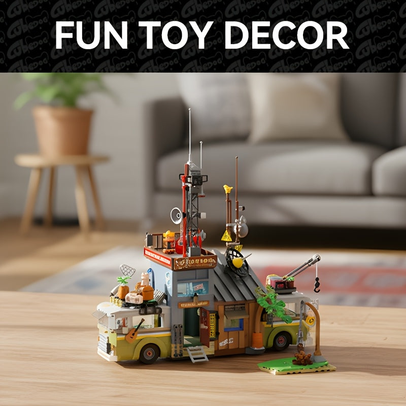 1386pcs Jungle Camping Broadcast Station RV Building Blocks Set with Dinosaur Forest Exploration Theme - 3.6mm Bricks, 1:1 Scale, Detailed Construction Kit, Desktop Ornament Home Decor