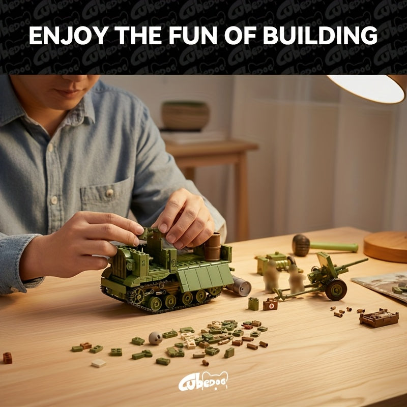 Military Medium Tracked Tractor and Anti-Tank Gun Building Block Set, Military Series Military Truck, Armored Vehicle, Ammunition Transport Vehicle, and Artillery Model Toy, Includes 3 Soldiers, Christmas Halloween Birthday Gift for Military