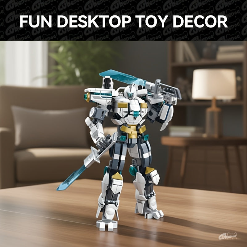 1001pcs Frost Guardian Mecha Building Set - Large-Scale White & Blue Sci-Fi Robot Model Kit with Poseable Armored Figure, Missile Launcher & Sword-Like Weapon - Challenging Assembly for & s, Christmas/Halloween Gift