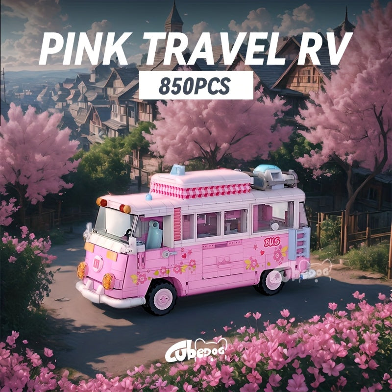 Pink Princess Cute Bus Building Block Toy, Holiday outdoor camper caravan RV model, girls Christmas and Valentine's Day gift, Travel Toy, Outdoor Play, Playful Design, Whimsical Toy, Travel Vehicle