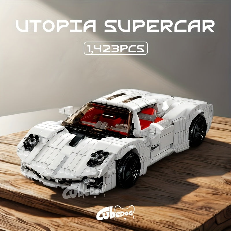 1423pcs White Utopia Super Sports Car Building Blocks Toy, Luxury Outdoor Vacation Car Model, Perfect collection ornaments for car enthusiasts, Ideal Birthday and Holiday Gift.
