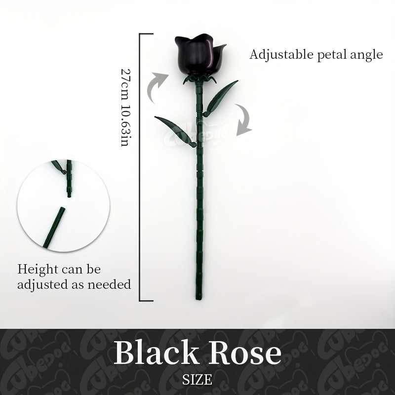 Gothic Black Rose Bouquet Building Blocks Set, Artificial Everlasting Flower Plant Series Model Toy, Includes 12 Roses, Adult Home Decor Ornament, Valentine'S Day and Birthday Gift, 1002+pcs
