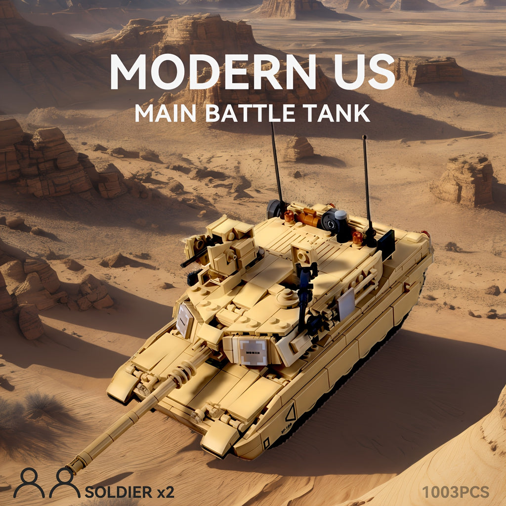 Modern US Main Battle Tank Building Blocks Toy, Classic Armored Vehicle Desert Military Model with Rotatable Turret Design, Includes Two Soldiers Figures, Military Enthusiast Christmas Gift, 1001+pcs, Building Block Military, Tank Building Block