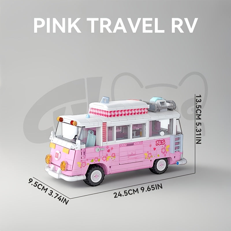 Pink Princess Cute Bus Building Block Toy, Holiday outdoor camper caravan RV model, girls Christmas and Valentine's Day gift, Travel Toy, Outdoor Play, Playful Design, Whimsical Toy, Travel Vehicle